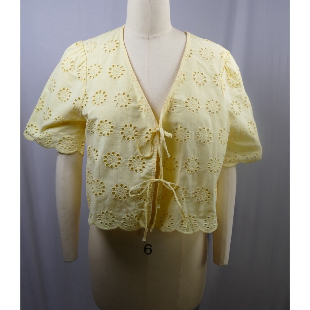 Joie Yellow Eyelet Embroidered Crop Top Tie Front Scalloped Hem Blouse Medium